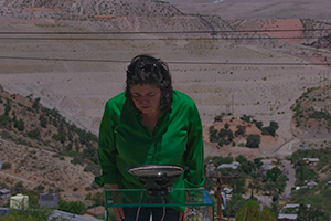 woman looking at tray filled with water